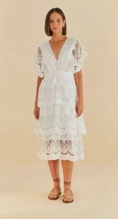FARM Rio Dresses & Skirts - New! FARM Rio White Richelier Midi Dress Sz M Lace Embroidered Tiered Sz XS #58